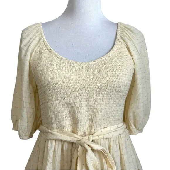 Lovecolette womens Tiered Smocked Tie waist Mini Dress Sz Large Yellow Lined - Picture 4 of 9